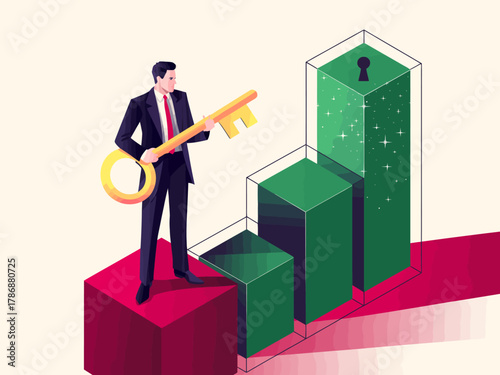 A businessman stands holding a golden key in front of ascending bar graphs, representing success, growth, and financial achievement in the corporate and entrepreneurial sectors.