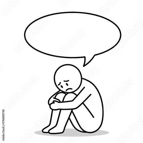 Stickman looking down with small speech bubble, concept of sadness and quiet communication.