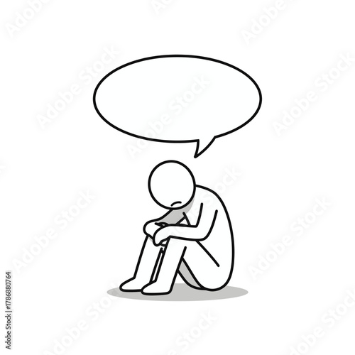 Stickman sitting and thinking with large thought bubble. Concept of sadness, overthinking, and emotional pain.