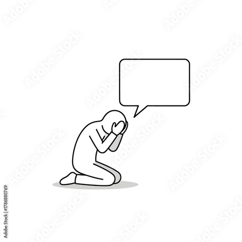Stick figure kneeling and crying with a speech bubble above, symbol of heartbreak or loss.