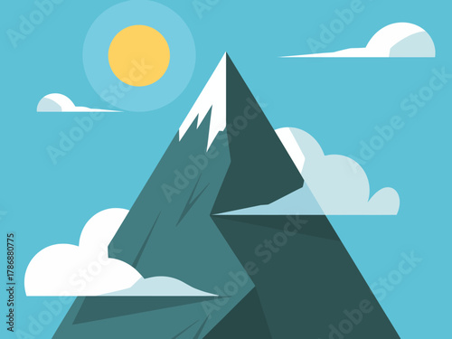 A simplified and stylized illustration of a mountain landscape under a bright sun, emphasizing vibrant colors and geometric shapes in a playful artistic manner.