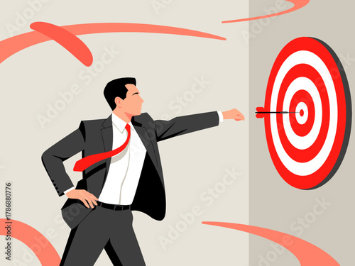 A determined businessman in a suit is throwing an arrow towards a target on the wall, symbolizing focus, ambition, and goal achievement in the corporate world.