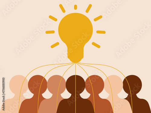 A versatile illustration of a light bulb emanating rays of light above silhouetted figures, representing ideas, innovation, and the importance of collaboration and community in generating growth.