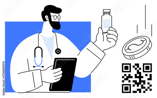 Medic with stethoscope examines vial in hand, tablet for notes, focus on healthcare innovation, payment solutions, medical services, pharmaceutical research, data management, simple flat metaphor