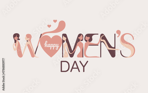 An artistic representation celebrating Women's Day with stylized letters and characters, emphasizing empowerment and unity among women for thoughtful observances.