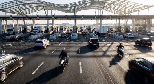 Vehicles passing through a toll booth on a highway, with blurred motion effect.