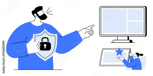 Man highlighting cybersecurity with a shield emblem, woman using tablet, and desktop screen. Ideal for cybersecurity, online privacy, data protection, IT awareness, digital safety, tech training