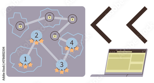 Network structure with secured nodes, numbered levels, and star ratings beside laptop and code symbols. Ideal for cybersecurity, data analysis, programming, ranking system, connectivity, gaming