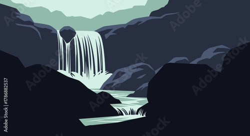Waterfall landscape with dark mountains and flowing river
