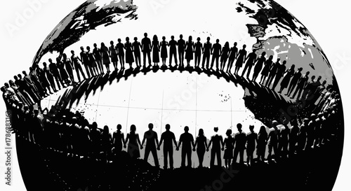 People holding hands around globe symbolizing unity and connection