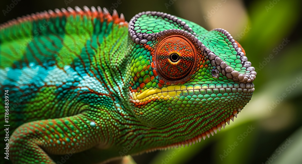 Fototapeta premium Macro closeup of colorful Panther Chameleon in natural habitat