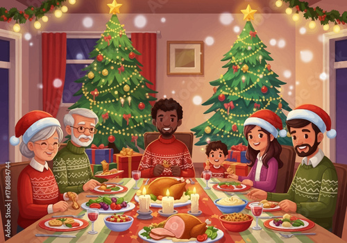 Joyful diverse multi-generational family celebrating with a festive Christmas dinner at a decorated table.