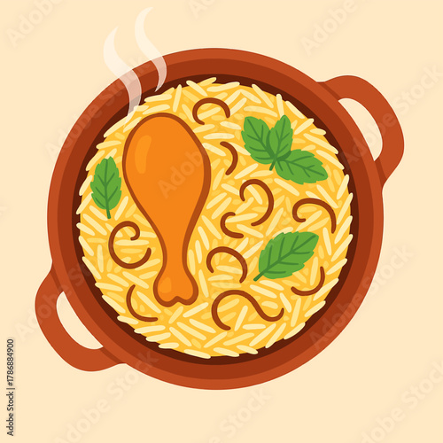 Delicious chicken biryani served in a traditional clay pot with aromatic spices and fresh mint leaves