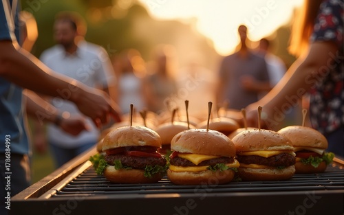 The vibrant grill showcasing burgers amidst a joyful summer evening gathering. High quality