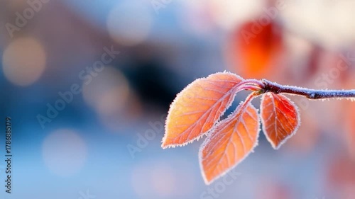 Frosted orange leaves on winter branch with icy details and soft bokeh background