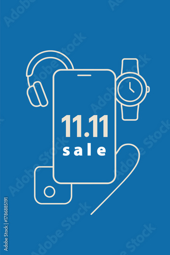Modern 11.11 sale advertisement featuring electronics on a blue background perfect for online promotions