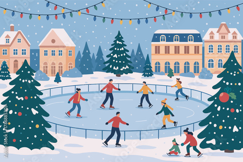 Festive winter scene of people ice skating on an outdoor rink surrounded by snow covered buildings and trees