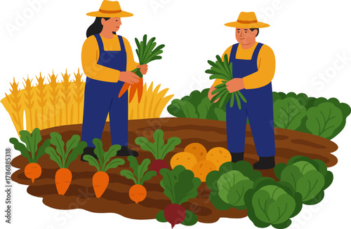 Farmers harvesting fresh vegetables in a vibrant garden on a sunny day with bountiful crops growing