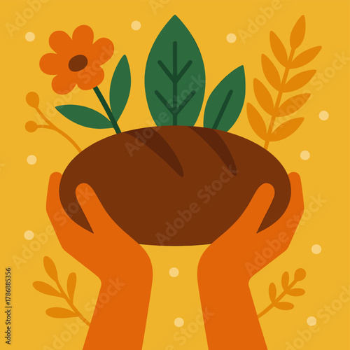 Hands holding freshly baked bread with flowers and leaves on a warm yellow background illustration