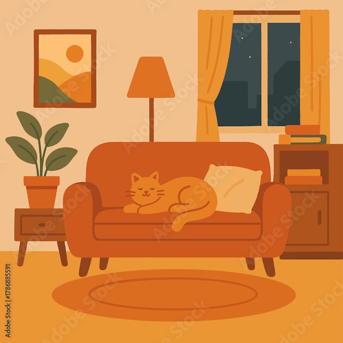 Cozy living room with cat sleeping on sofa in warm light creating a peaceful home atmosphere