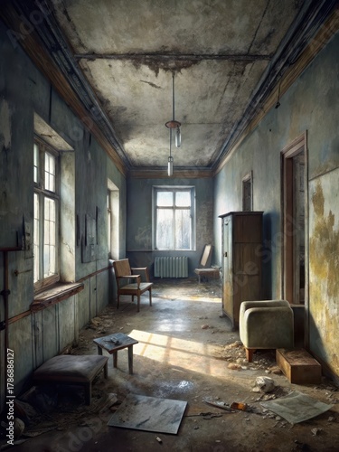 Peeling paint and dusty furniture in a long-abandoned apartment