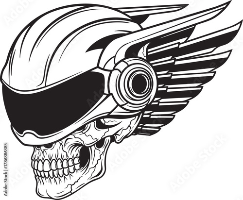 Monochrome line art of a human skull wearing a futuristic winged helmet with a dark visor.