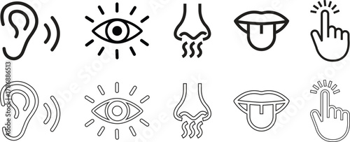 Human senses flat, line icon set. Vision eye, smell nose, hearing ear, touch hand, taste mouth with tongue. Five senses of human nervous system. Design vectors for health, medical, sensory perception.