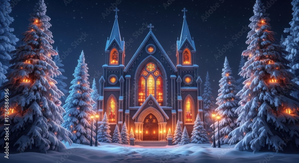 Fototapeta premium Magical winter castle surrounded by snow covered pine trees and warm lights