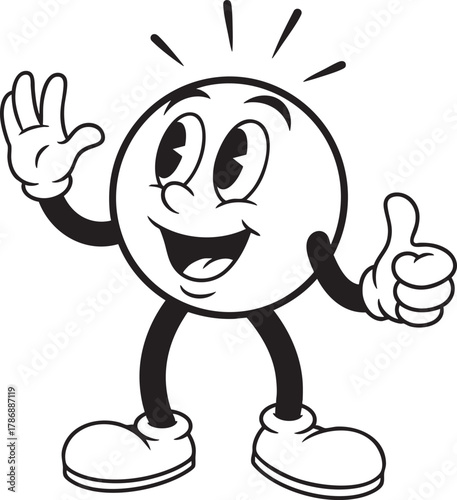 Retrostyle round cartoon mascot smiling happily waving and giving a thumbsup.