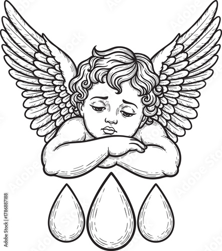 Sad winged cherub with curly hair resting on its arms above three large teardrops.
