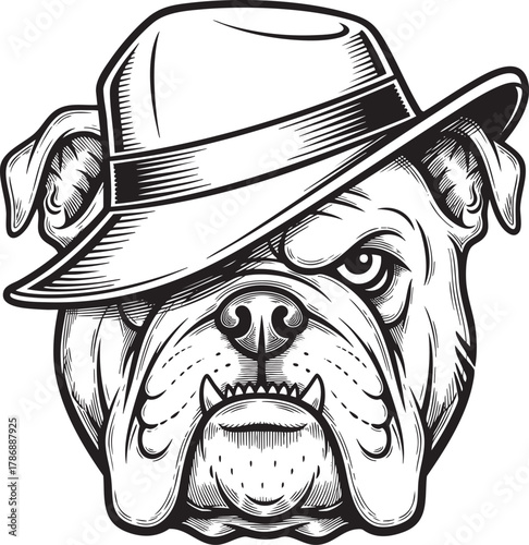 Tough Bulldog Gangster Mascot Head with a Stern Expression Wearing a Classic Fedora Hat.