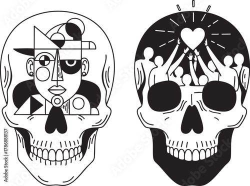 Two stylized black and white skulls one with an abstract cubist face and the other with a crowd holding a glowing heart.