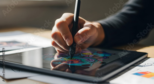 Close-Up of Hand Drawing with Digital Pen on Tablet