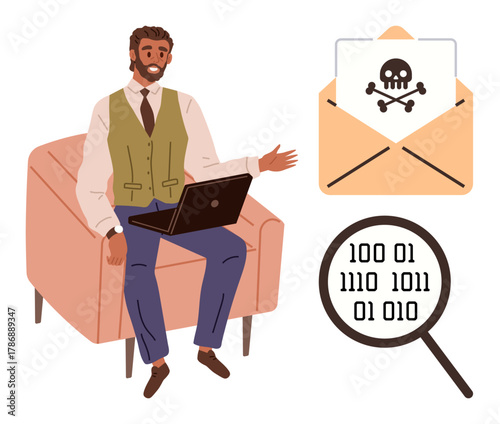 Man working on laptop, email with skull sign signifying malware, magnifying glass with binary code. Ideal for digital security, hacking prevention, data protection, phishing awareness, IT safety