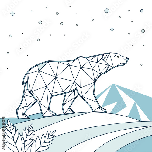 A geometric polar bear stands on a snowy hill under falling snow, with mountains in the background, creating a wintery and artistic scene