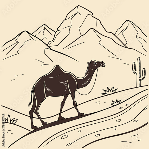A serene desert landscape unfolds with a majestic camel gracefully traversing the sandy dunes, set against a backdrop of towering mountains and a solitary cactus