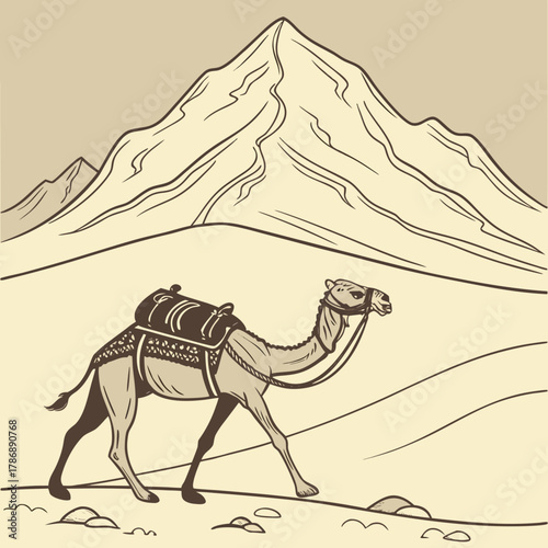 A serene desert vista featuring a camel carrying a pack, strolling across the sandy expanse, with a backdrop of towering mountains under a clear sky