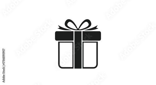 A stylized black and white gift box icon with a bow, representing presents, celebrations, and festive occasions.