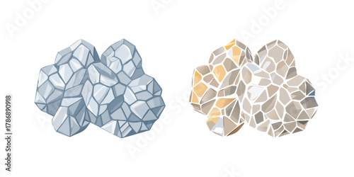 Two clusters of crystalline formations, one in silver and the other in gold, , showcasing mineral elegance and beauty