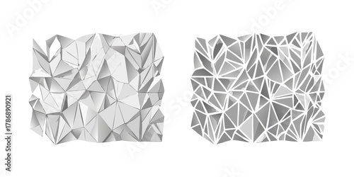 Two abstract geometric patterns, one in white and the other in gray, , creating a modern and minimalist design element