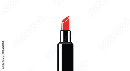 Minimalist illustration of a classic red lipstick in a black tube, highlighted against a bright white backdrop, symbolizing makeup and glamour.