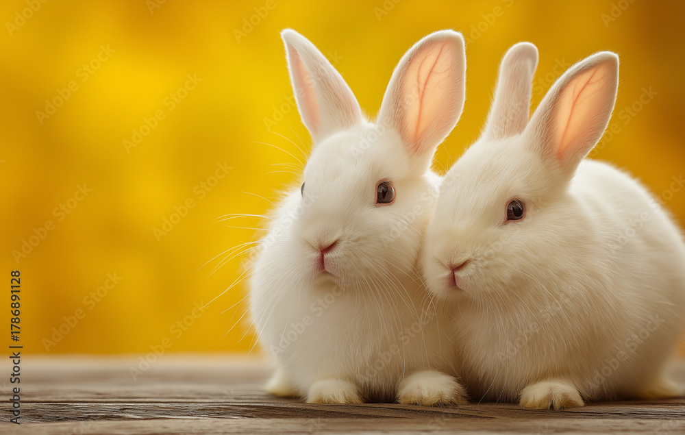 Obraz premium Adorable pair of white rabbits snuggling, perfect for Easter promotions, spring designs, or animal-themed projects, conveying warmth and companionship