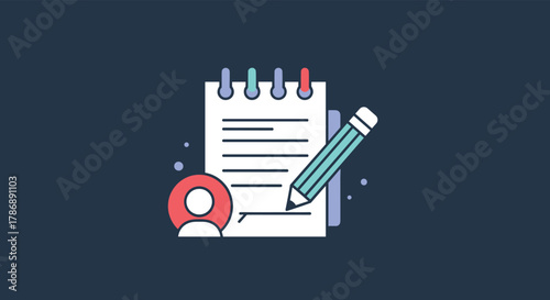 Digital illustration of a notepad, pencil, and user icon, symbolizing contract signing, online registration, or personal documentation.