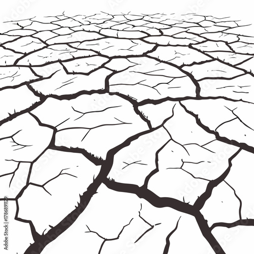 Dry cracked earth is a stark reminder of drought and climate change, creating a desolate and barren landscape, perspective view