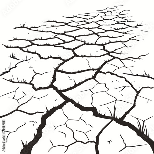 Dry cracked earth with sparse grass is a stark reminder of drought and climate change, creating a desolate and barren landscape