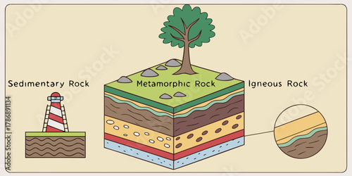 Illustration showcasing sedimentary, metamorphic, and igneous rock formations, with a tree growing on top of the metamorphic rock layer