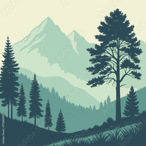 Majestic mountain landscape with evergreen trees, showcasing a serene and picturesque scene of natures beauty in a tranquil and peaceful environment