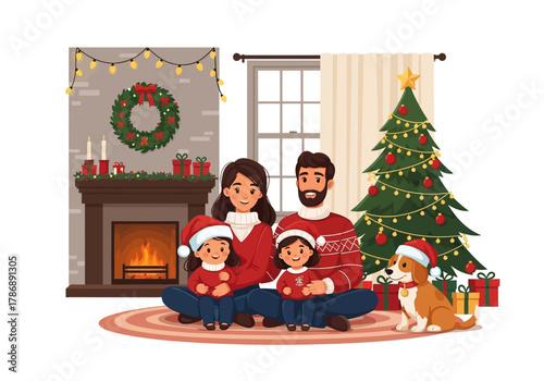 Joyful Family and Pet Dog Celebrating Christmas by Fireplace Illustration.