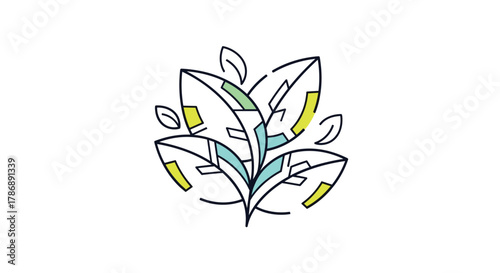 Stylized graphic of a plant with segmented leaves in teal and yellow, representing organic growth and modern design aesthetics.