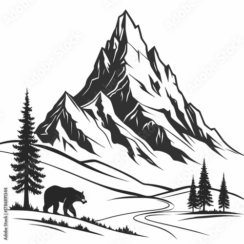 A picturesque mountain landscape featuring a bear near a winding path, evergreen trees, and a majestic peak, creating a serene and captivating scene